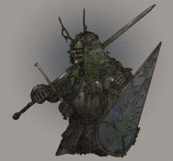  1other ambiguous_gender armet armor commission cropped_legs english_commentary full_armor greatsword grey_background highres holding holding_shield holding_sword holding_weapon horns knight ministerovvox moss original other_focus shield solo sword tree_horns weapon 