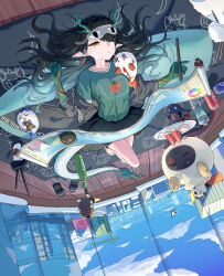  1girl absurdres alternate_costume arknights black_hair black_skirt blanket bottle building chinese_commentary chongyue_(arknights) clouds cola colored_extremities commentary_request cursor dragon_bean_(arknights) dragon_girl dragon_horns dragon_tail dusk_(arknights) earrings exif_rotation food fruit green_hands green_horns green_shirt highres horns indoors jewelry kaishui_pao_mian_wu_fenzhong ling_(arknights) long_hair lying multicolored_hair nian_(arknights) on_back one_eye_closed plate pleated_skirt pointy_ears red_eyes scroll shirt shoes skirt sky skyscraper sleep_mask tail tomato_print unworn_shoes upside-down watermelon watermelon_slice yu_(arknights) 