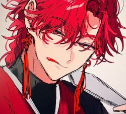  1boy :q black_shirt braid braided_ponytail chinese_clothes commentary_request earrings folded_fan folding_fan hand_fan hanfu highres holding holding_fan jewelry licking_lips long_hair looking_at_viewer male_focus portrait red_eyes red_hair red_hanfu shiguang_dailiren shirt simple_background single_braid smile solo tassel tassel_earrings tongue tongue_out turtleneck tyoookozuki upper_body xiao_weiying 