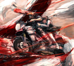  1boy 1girl black_hair black_jacket blood blood_on_vehicle blood_on_weapon blood_splatter blurry chainsaw chainsaw_man chainsaw_man_(character) collared_shirt commentary_request denji_(chainsaw_man) depth_of_field dress glowing glowing_eye hug hug_from_behind huijin jacket long_sleeves mitaka_asa motor_vehicle motorcycle neck_ribbon object_on_head on_motorcycle pinafore_dress ribbon riding sharp_teeth shirt shoes short_sleeves sleeveless sleeveless_dress teeth transformation twintails weapon white_shirt white_shoes 