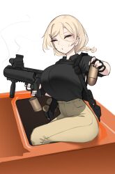  1girl absurdres black_gloves black_shirt blonde_hair braid braided_ponytail breasts closed_eyes collared_shirt eotech fingerless_gloves gloves grenade_launcher hair_between_eyes hair_ornament hairclip highres huge_breasts k0ng merc-san_(k0ng) original pants parted_lips scratching_head shirt shirt_tucked_in simple_background sitting smoke solo weapon white_background yellow_pants 