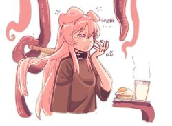  1girl animal_ears bang_dream! bang_dream!_it's_mygo!!!!! black_collar brushing_another's_hair brushing_hair character_name chihaya_anon collar commentary cropped_torso cup dog_ears fang food fried_egg kemonomimi_mode long_hair one_eye_closed open_mouth pink_hair plate short_sleeves simple_background squeans tentacles upper_body white_background wngtngtng154768 yawning 