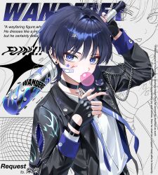  1boy absurdres alternate_costume arm_up badge bandaid bandaid_on_face baseball_bat black_choker black_gloves black_hair black_jacket blood blood_on_face blowing_bubble_gum blue_necktie blue_pupils blunt_ends buttons chain character_name chewing_gum choker collared_shirt commentary cover cover_page dd_bsd ear_piercing earclip earrings english_text eyeshadow fake_cover fake_magazine_cover fingerless_gloves fingernails genshin_impact gloves grey_background hair_between_eyes hand_up highres holding holding_baseball_bat jacket jewelry long_sleeves looking_at_viewer magazine_cover makeup male_focus nail_polish necktie open_clothes open_jacket piercing purple_nails red_eyeshadow scaramouche_(cat)_(genshin_impact) scaramouche_(genshin_impact) shirt short_hair solo star_(symbol) star_choker star_sticker sticker sticker_on_face striped_clothes striped_necktie teeth text_background untranslatable_commentary upper_body violet_eyes wanderer_(genshin_impact) white_shirt wristband 