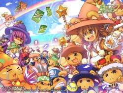  2girls artist_name bandana beach blue_hat brown_eyes brown_hair card clenched_teeth copyright_logo copyright_notice dress dumpty_alma emil_chronicle_online eyepatch green_bandana hair_ribbon hat holding holding_wand logo multiple_girls neck_ribbon ocean official_art open_mouth orange_dress orange_hat pink_ribbon purple_hair purple_hat rainbow rakisuke ribbon smile sweatdrop teeth tiny_(eco) tiny_alma top_hat two-tone_dress v-shaped_eyebrows violet_eyes wand white_dress white_ribbon witch_hat 