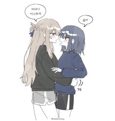  2girls black_hair black_shorts black_sweater blue_eyes blush braid brown_hair commentary_request earrings grey_shorts half_up_braid hand_on_another's_waist highres hug jewelry korean_commentary korean_text medium_hair miyagi_shiori multiple_girls open_mouth profile sendai_hazuki shorts shuuniichido_classmate_wo_kau_hanashi simple_background speech_bubble stud_earrings sweatdrop sweater translation_request violet_eyes wheloo3rd white_background yuri 