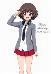  1girl akiyama_yukari birthday brown_hair commentary_request emblem fluffy_hair girls_und_panzer grey_jacket happy_birthday headphones headphones_around_neck highres jacket looking_at_viewer miniskirt necktie open_mouth pleated_skirt red_skirt salute saunders_(emblem) saunders_school_uniform school_uniform shirt short_hair skirt smile sukusuto5koharu white_background white_shirt 