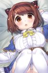  1girl bed blush breasts brown_eyes brown_hair danbo_(rock_clime) dress granblue_fantasy hair_bobbles hair_ornament highres horns large_breasts looking_at_viewer lying on_back open_mouth short_hair solo thigh-highs white_legwear yaia_(granblue_fantasy) 