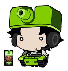  1boy ace_attorney black_boots black_hair black_overalls blush_stickers boots cannon character_request check_copyright chibi closed_mouth collared_shirt commentary_request copyright_request green_hat happy hat headphones headset korean_commentary long_sleeves male_focus mii_(nintendo) miitopia military_vehicle motor_vehicle o_o overalls reference_inset saman_zero7 shirt short_hair simple_background smile solo tank tank_(miitopia) white_background white_shirt 