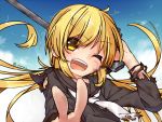  1girl adyisu black_serafuku blonde_hair blue_sky clouds cloudy_sky commentary gun holding_gun holding_weapon kantai_collection long_hair long_sleeves looking_at_viewer low_twintails necktie one_eye_closed open_mouth satsuki_(kantai_collection) school_uniform serafuku sky smile solo teeth torn_clothes twintails twitter_username uniform v weapon yellow_eyes 