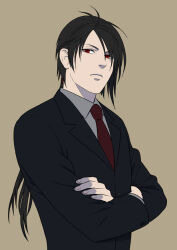  1boy black_hair black_jacket brown_background closed_mouth collared_shirt commentary_request crossed_arms final_fantasy final_fantasy_vii grey_shirt jacket long_hair looking_at_viewer low_ponytail male_focus necktie ponytail red_eyes red_necktie sd_supa shirt solo suit_jacket upper_body variant_set vincent_valentine 