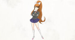 1girl 90s :) blue_skirt blush collared_shirt concept_art crossed_arms doki_doki_literature_club full_body green_eyes grey_blazer hair_bow high_ponytail horoko kneehighs layered_shirt looking_to_the_side monika_(doki_doki_literature_club) orange_hair ponytail red_bow short_skirt smile solo solo_focus very_long_hair white_background white_bow white_socks yellow_shirt