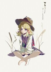  1girl animal_print barefoot blonde_hair brown_hat commentary_request cross-laced_clothes cross-laced_vest frog_print full_body grin hair_ribbon hat highres long_sleeves looking_at_viewer moriya_suwako purple_skirt purple_vest red_ribbon ribbon skirt smile solo touhou tress_ribbon usagi_ko vest violet_eyes wide_sleeves 
