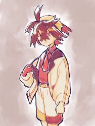  1boy belt clenched_hand closed_mouth collared_shirt crossed_bangs gloves hair_between_eyes hairband highres jacket kieran_(pokemon) long_sleeves male_focus necktie open_clothes open_jacket pokemon pokemon_scarlet_and_violet riko_(m_momomo28) shirt short_hair shorts single_glove single_off_shoulder solo yellow_hairband 