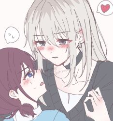  2girls black_choker black_sweater blue_shirt blush choker closed_mouth commentary earclip girls_band_cry grey_eyes grey_hair heart iseri_nina kawaragi_momoka looking_at_another multiple_girls red_hair shirt short_twintails spoken_heart spoken_sweatdrop sweatdrop sweater twintails whwhgl yuri 