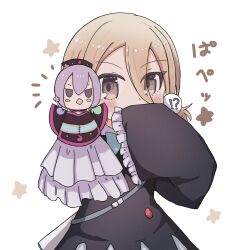  1girl blonde_hair blush commentary_request covering_own_mouth fan_lit_fan_(mahoiku) frilled_sleeves frills hand_puppet hat highres magical_girl mahou_shoujo_ikusei_keikaku mahou_shoujo_ikusei_keikaku_f2p puppet puppeta purple_hair short_hair v8y_vkaname white_background yellow_eyes 