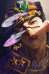  1boy araki_hirohiko baseball_cap black_hair blue_eyes brown_lips cd chain coat colorized commentary earrings gakuran hat high_collar jewelry jojo_no_kimyou_na_bouken jojo_pose kujo_jotaro male_focus menacing_(jojo) portrait purple_coat purple_hat romaji_commentary school_uniform shirt solo sound_effects stand_(jojo) star_(symbol) star_ornament star_platinum star_print stone_ocean stud_earrings void_art01 white_shirt 