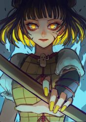  1girl arm_guards armor blonde_hair blunt_bangs commentary_request cracked_skin eyeshadow facing_viewer floating_hair glowing glowing_eyes haniwa_(statue) highres holding holding_staff joutouguu_mayumi lamellar_armor makeup mamiru_(42105269) nail_polish nose open_mouth puffy_sleeves red_eyeshadow serious shirt short_sleeves solo staff touhou white_shirt yellow_eyes yellow_nails 