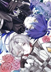  2boys antenna_hair black_capelet black_coat black_gloves blue_eyes blue_hair capelet chest_harness coat collared_capelet crossed_bangs earrings flins_(genshin_impact) flower fur-trimmed_coat fur_trim gem genshin_impact gloves gradient_hair grey_coat grey_hair hair_between_eyes hand_up hands_up harness highres hoooooon1099 illuga_(genshin_impact) jewelry long_hair long_sleeves looking_at_viewer male_focus mole mole_under_eye multicolored_hair multiple_boys one_eye_closed open_clothes open_coat parted_bangs parted_lips pink_flower pink_rose purple_flower purple_gem purple_rose red_hair ribbed_sweater rose short_hair single_earring sleeve_cuffs sweater turtleneck turtleneck_sweater two-tone_hair upper_body very_long_hair white_sweater yellow_eyes 