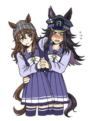  >_< 2girls animal_ears beanie black_hair blush bow bowtie brown_hair candy closed_eyes closed_mouth ears_through_headwear fenomeno_(umamusume) flipped_hair flying_sweatdrops food food_in_mouth grey_hat hair_between_eyes hat highres holding_hands horse_ears horse_girl horse_tail koto444866 lollipop lollipop_in_mouth long_hair long_sleeves multicolored_hair multiple_girls nakayama_festa_(umamusume) open_mouth peaked_cap pleated_skirt purple_hair purple_sailor_collar purple_serafuku purple_shirt purple_skirt purple_thighhighs sailor_collar sailor_shirt school_uniform serafuku shirt skirt tail thigh-highs tracen_school_uniform umamusume violet_eyes white_bow white_bowtie 