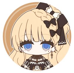  1girl artist_request black_choker black_dress blonde_hair blue_eyes border bow braid chibi chibi_only choker copyright_notice cross cross_earrings dress earrings fishnet_sleeves fishnets frilled_choker frilled_dress frills hair_bow hair_ornament highres jewelry long_hair long_sleeves looking_at_viewer mahou_shoujo_no_majo_saiban mole mole_under_eye no_mouth official_art profile_picture round_border saeki_miria solo 