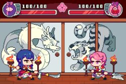 2girls axe badge belt black_boots blue_hair boots center-flap_bangs cherry_blossoms chibi chibi_only commentary_request curtained_hair daruma_doll dashuizzz double-parted_bangs dragon duel eastern_dragon fake_screenshot fighting_game fighting_stance fire fur-trimmed_jacket fur_trim fusuma gameplay_mechanics grey_eyes hanayagi_kaoruko hand_fan hand_up health_bar holding holding_axe holding_polearm holding_weapon indoors isurugi_futaba jacket jacket_on_shoulders legs_apart long_sleeves looking_ahead looking_at_another medium_hair multicolored_jacket multiple_girls naginata no_mouth parted_bangs pink_hair pink_jacket pixel_art pleated_skirt polearm purple_jacket rayman_limbs red_jacket sash short_hair shoujo_kageki_revue_starlight shoulder_sash single_horizontal_stripe skirt sliding_doors standing striped_clothes striped_skirt tiger two-tone_jacket user_interface violet_eyes weapon white_jacket white_skirt wooden_floor yellow_belt 