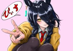  1girl ahoge animal_ears black_pantyhose braid collared_shirt ear_ornament ear_tag earrings hair_over_one_eye hair_over_shoulder hands_up horse_ears horse_girl jewelry long_bangs long_sleeves manhattan_cafe_(umamusume) miucv multicolored_hair necktie pantyhose parted_lips reaching reaching_towards_viewer shirt simple_background single_earring smile solo speech_bubble squatting sweater translation_request twin_braids umamusume v variant_set vest white_hair white_shirt yellow_necktie yellow_sweater 