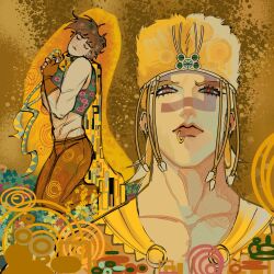 2boys aya_meiman09 battle_tendency blonde_hair brown_gloves brown_hair brown_pants closed_eyes closed_mouth collarbone commentary crop_top derivative_work face_piercing facepaint fingerless_gloves flattop gloves green_eyes gustav_klimt_(style) highres holding_headband jojo_no_kimyou_na_bouken joseph_joestar joseph_joestar_(young) lip_piercing male_focus midriff multicolored_scarf multiple_boys pants piercing scarf sleeping tiara untranslatable_commentary wamuu yellow_scarf yellow_theme 