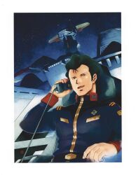  1980s_(style) 1boy arm_rest artist_name belt black_belt black_hair black_jacket border brown_eyes corded_phone earth_federation_space_forces gundam highres holding holding_phone jacket kotobuki_tsukasa looking_at_viewer male_focus military_uniform military_vehicle mobile_suit_gundam official_art open_mouth painting_(medium) phone retro_artstyle scan short_hair sitting smile solo space spacecraft third-party_source traditional_media upper_body white_base white_border yasuhiko_yoshikazu_(style) 