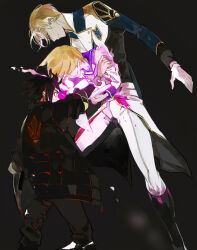  blood blood_on_clothes commentary_request gundam gundam_tekketsu_no_orphans hand_up jacket mcgillis_fareed mikazuki_augus military_uniform multiple_boys simple_background suou_(sdurorhr) 