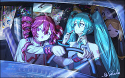  1boy 3girls @_@ absurdres aqua_eyes aqua_hair aqua_necktie aqua_sleeves artist_name bare_shoulders black_sleeves blonde_hair blue_eyes car car_interior chinese_commentary closed_eyes closed_mouth collared_shirt commentary_request cosmetics detached_sleeves dress drill_hair driving grey_dress grey_shirt hair_between_eyes hatsune_miku hatsune_miku_(vocaloid6) highres holding holding_lipstick_tube kagamine_len kagamine_rin kasane_teto kasane_teto_(sv) lipstick_tube long_hair long_sleeves looking_at_mirror medium_hair mirror motor_vehicle multicolored_sleeves multiple_girls necktie number_tattoo open_mouth red_lips shale shirt shoulder_tattoo sitting synthesizer_v tattoo twin_drills twintails two-tone_sleeves utau vocaloid 