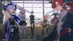 animal_ears ansel_(arknights) arene_(arknights) arknights arms_behind_head arms_up belt beret bicycle black_gloves black_shirt black_shoes blue_hair blue_hat chain-link_fence chinese_commentary closed_eyes closed_mouth colored_extremities commentary_request copyright_logo copyright_name copyright_notice dragon_boy dragon_horns fence floppy_ears fox_boy fur-trimmed_hood fur-trimmed_jacket fur-trimmed_shorts fur_trim gloves green_eyes grey_hair guitar hair_between_eyes hat highres holding holding_guitar holding_instrument hood hood_up hooded_jacket horns instrument jacket logo long_hair looking_at_viewer lop_rabbit_ears male_focus mizuki_(arknights) multicolored_hair official_art open_mouth outdoors pink_eyes pink_hair playing_guitar playing_instrument pointy_ears ponytail qanipalaat_(arknights) rabbit_boy rabbit_ears red_eyes red_hair shirt shoes short_hair shorts sitting sky smile sneakers standing trap white_belt white_shirt yszx yu_(arknights) 