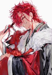  1boy alternate_costume animal animal_hug animalization black_hanfu braid braided_ponytail chinese_clothes commentary_request earrings folded_fan folding_fan fur-trimmed_robe fur_trim grin hand_fan hanfu holding holding_animal holding_fan jewelry long_hair long_sleeves looking_at_viewer male_focus parted_lips person_and_animalization red_eyes red_hair robe shiguang_dailiren simple_background single_braid single_earring smile solo tassel tassel_earrings teeth tyoookozuki upper_body white_background wide_sleeves wolf xiao_weiying xiao_weiying_(wolf) 