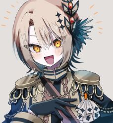  1girl :d aiguillette black_coat black_gloves blonde_hair coat commentary curtained_hair diamond_hair_ornament dot_nose epaulettes gloves hair_between_eyes hair_ornament hand_on_own_chest hasumi_leia high_collar long_sleeves looking_at_viewer mahou_shoujo_no_majo_saiban nemrzzz notice_lines open_mouth sash short_hair shoulder_sash simple_background smile solo untranslatable_commentary white_background yellow_eyes 