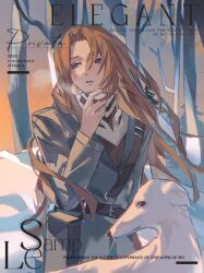  1girl artist_request bandana belt belt_buckle blue_eyes borzoi breath brown_belt brown_hair buckle chinese_commentary commentary_request commission dog filler_text highres limbus_company long_hair long_sleeves looking_to_the_side mole mole_under_eye outdoors parted_bangs parted_lips project_moon rodion_(project_moon) solo tree white_bandana winter 