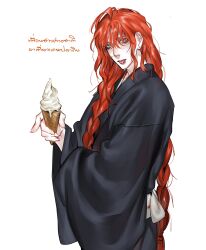  1boy absurdres black_robe braid character_request commentary_request copyright_request eyelashes freckles grey_eyes highres holding holding_ice_cream_cone ice_cream_cone long_hair male_focus orange_hair pale_skin robe sasakiii10 simple_background solo thai_commentary thai_text tongue tongue_out twin_braids upper_body very_long_hair white_background 