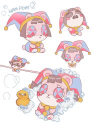  1girl animification blush_stickers brown_hair bubble character_name chibi chibi_only hamster hat highres jester jester_cap multiple_views pomni_(the_amazing_digital_circus) puppy_chow2 rubber_duck simple_background soap_bubbles the_amazing_digital_circus white_background 
