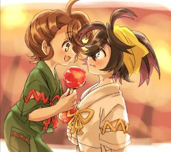  1boy 1girl black_hair blush brown_hair candy_apple commentary_request crossed_bangs festival_jinbei food from_side hairband hetero highres holding holding_candy_apple holding_food japanese_clothes juliana_(festival_jinbei)_(pokemon) juliana_(pokemon) kieran_(pokemon) mole mole_on_neck nagiri_549 open_mouth pokemon pokemon_scarlet_and_violet profile purple_hair short_sleeves yellow_hairband 