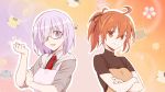  2girls ahoge apron black-framed_eyewear cat_print chaldea_uniform emiya-san_chi_no_kyou_no_gohan eyebrows_visible_through_hair eyes_visible_through_hair fate/grand_order fate/stay_night fate_(series) fujimaru_ritsuka_(female) glasses haebara_zanka hair_over_one_eye highres jacket lavender_hair mash_kyrielight orange_eyes orange_hair parody purple_hair shielder_(fate/grand_order) short_hair violet_eyes white_jacket 