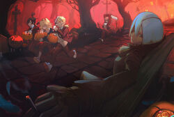  absurdres black_hair blonde_hair brain candy chainsaw chainsaw_man chair chasing cigarette collared_shirt commentary_request cosmo_(chainsaw_man) demon_horns exposed_brain eyepatch food forest hair_ornament halloween heart heart-shaped_pupils highres holding holding_cigarette horns lc.kid long_(chainsaw_man) long_sleeves looking_at_viewer makima_(chainsaw_man) nature necktie on_chair pants pingtsi_(chainsaw_man) pumpkin quanxi_(chainsaw_man) red_hair red_sky ribbon running shade shirt shoes sitting sky symbol-shaped_pupils too_many_candies weapon white_hair white_shirt 