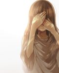  1girl brown_hair covering_eyes hands long_hair open_mouth simple_background solo tears upper_body vocaloid white_background xxxxxymdy 