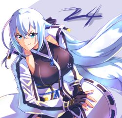  1girl ahoge black_gloves black_shirt blue_eyes breasts closed_mouth coat coat_lift commentary_request countdown crossed_bangs double-parted_bangs eiyuu_densetsu fighting_stance fingerless_gloves gloves grey_background hair_between_eyes highres kuro_no_kiseki_(series) kuro_no_kiseki_i large_breasts long_hair long_sleeves obi obijime open_clothes open_coat partially_shaded_face sash shirt shizuna_rem_misurugi sidelocks simple_background sleeveless sleeveless_shirt smile snowflake_print solo tsurime two-tone_background upper_body v-shaped_eyebrows very_long_hair white_coat white_hair zer00han 