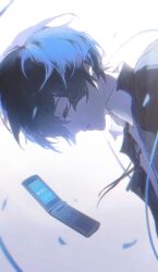  1boy ansan_zip black_jacket black_ribbon blue_hair cellphone closed_eyes closed_mouth collared_jacket commentary_request dutch_angle flip_phone floating_neckwear from_side gekkoukan_high_school_uniform highres jacket male_focus neck_ribbon parted_bangs persona persona_3 phone ribbon school_uniform short_hair solo upper_body white_background yuuki_makoto_(persona_3) 