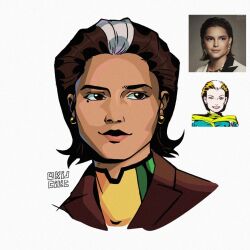  alternate_hairstyle artist_logo artist_name bodysuit brown_hair colored_bangs comic_panel_inset commentary earrings english_commentary green_bodysuit green_eyes green_headband headband headshot highres inde_navarette jacket jewelry kijcilic leather leather_jacket logo marvel mole mole_under_eye multicolored_bodysuit multicolored_hair photo-referenced photo_inset real_life rogue_(x-men) short_hair superhero_costume turtleneck turtleneck_bodysuit two-tone_bodysuit two-tone_hair white_hair x-men yellow_bodysuit 