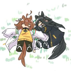  2girls agnes_tachyon_(tach-nology)_(umamusume) agnes_tachyon_(umamusume) ahoge animal_ears black_coat black_gloves black_hair black_necktie black_pantyhose black_shirt black_skirt brown_hair coat collared_shirt ear_tag earrings gachitamago gloves hair_between_eyes highres horse_ears horse_girl horse_tail jewelry lab_coat long_bangs long_hair long_hair_between_eyes long_sleeves manhattan_cafe_(creeping_shadow)_(umamusume) manhattan_cafe_(umamusume) multicolored_hair multiple_girls necktie pantyhose shirt short_necktie single_earring skirt sleeves_past_fingers sleeves_past_wrists sweater tail test_tube umamusume white_coat white_hair wolf_cut yellow_necktie yellow_sweater 