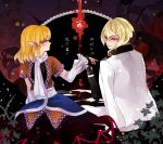  1boy 1girl black_gloves blonde_hair crossover gloves green_eyes higekiri_(touken_ranbu) jacket_on_shoulders leaf mizuhashi_parsee pointy_ears red_eyes ringocha scarf sitting smile touhou touken_ranbu translation_request 