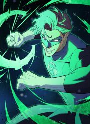  astrovvitch black_bodysuit bodysuit brown_hair commentary covered_abs dc_comics domino_mask eye_mask gloves green_bodysuit green_lantern green_lantern_(series) green_lantern_corps grey_bodysuit hal_jordan large_pectorals male_focus mask multicolored_bodysuit muscular muscular_male pectorals power_ring_(green_lantern) short_hair smile superhero_costume two-tone_bodysuit untranslatable_commentary white_gloves 