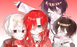  >_< 4boys :d :p antenna_hair arm_around_neck black_hair chinese_clothes chinese_commentary commentary_request earrings esse_series hexinyi hyoutenka_30-do_no_zetsubou jewelry kobayashi_luca kuchinashi_dabi long_sleeves male_focus mole mole_under_eye multiple_boys o_o portrait red_hair smile tearing_up tongue tongue_out tonimura_yui v-shaped_eyebrows white_hair xd xx_(esse_series) 