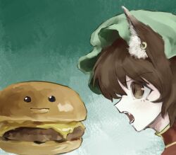  1girl absurdres animal_ears bread brown_eyes brown_hair bun_(food) burger cat_ears cat_girl charlielee86545 cheese chen chinese_commentary commentary_request earrings fangs food food_with_face green_background green_hat hat highres jewelry meat mob_cap open_mouth red_vest short_hair single_earring slit_pupils solid_circle_eyes solid_eyes touhou vest 