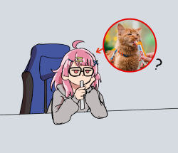  1girl ? ahoge arrow_(symbol) bang_dream! bang_dream!_yumemita black-framed_eyewear cat chair commentary eating eggtempest gaming_chair glasses grey_hood hair_ornament hairclip hand_on_own_cheek hand_on_own_face head_rest jitome long_hair photo_inset pink_hair red_eyes sengoku_yuno swivel_chair upper_body x_hair_ornament 