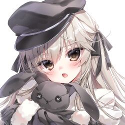  1girl black_gloves black_hat black_ribbon blush brown_eyes eyelashes eyes_visible_through_hair frown fur-trimmed_sleeves fur_trim gloves grey_hair hair_between_eyes hair_ribbon hat highres holding holding_stuffed_toy kasugano_sora long_hair long_sleeves looking_at_viewer open_mouth peaked_cap ribbon sayaaatat sidelocks simple_background solo sparkle stuffed_animal stuffed_rabbit stuffed_toy upper_body v-shaped_eyebrows white_background yosuga_no_sora 